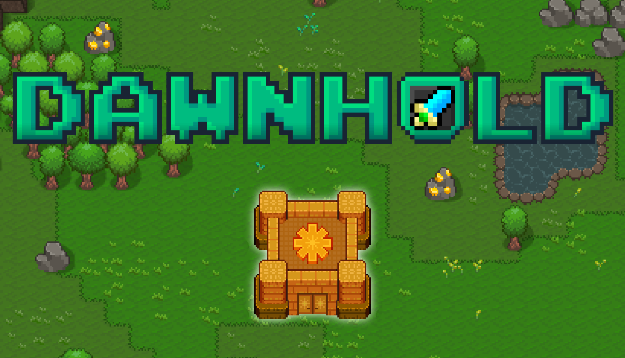 Dawnhold capsule art showing the game logo over a pixel-art battlefield scene.