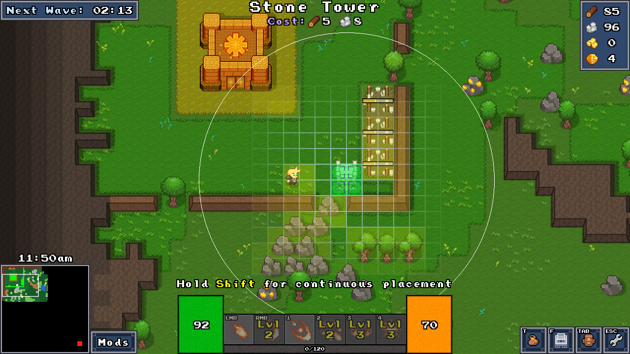 In-mission tower placement and grid layout for strategic defense setup.