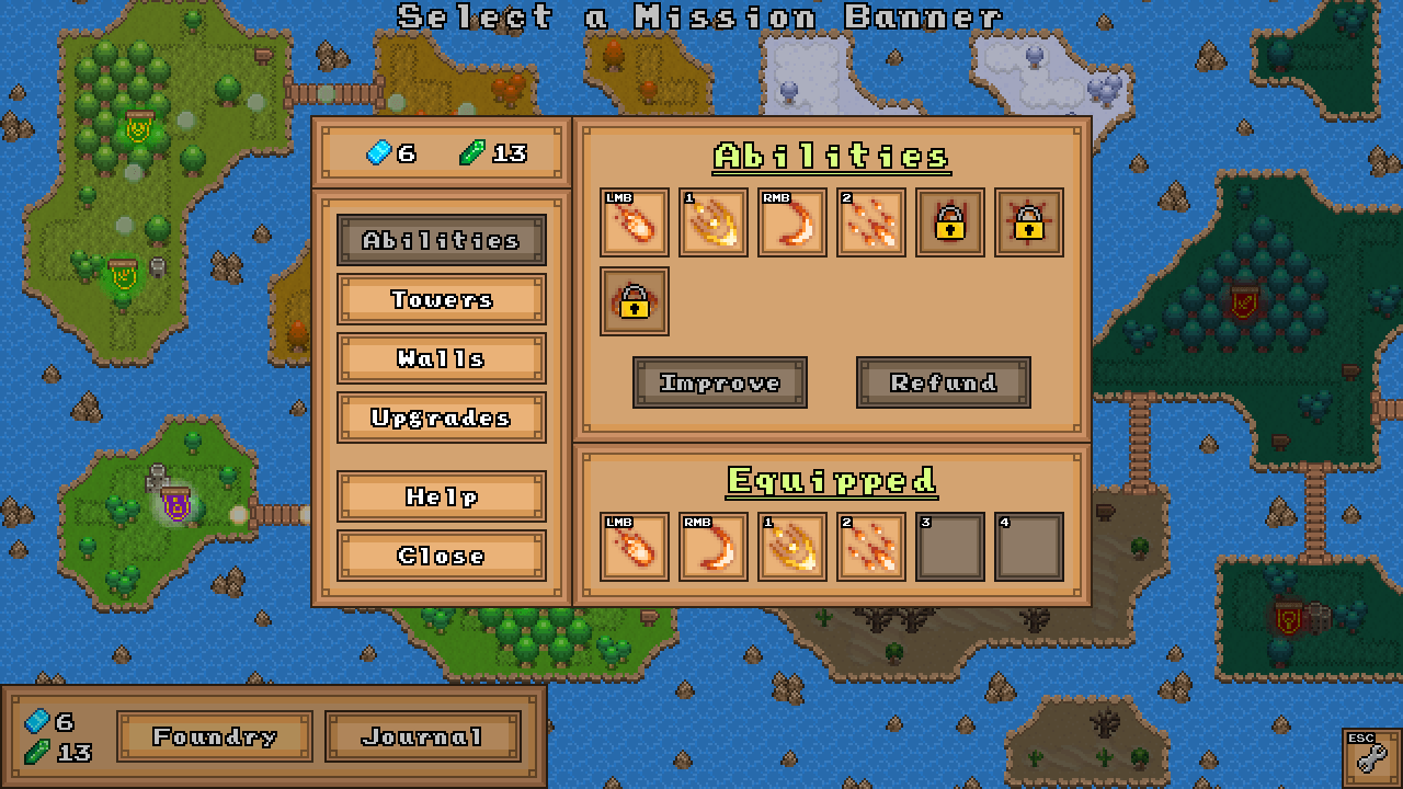 Overworld upgrade screen showing ability and defense upgrade options.
