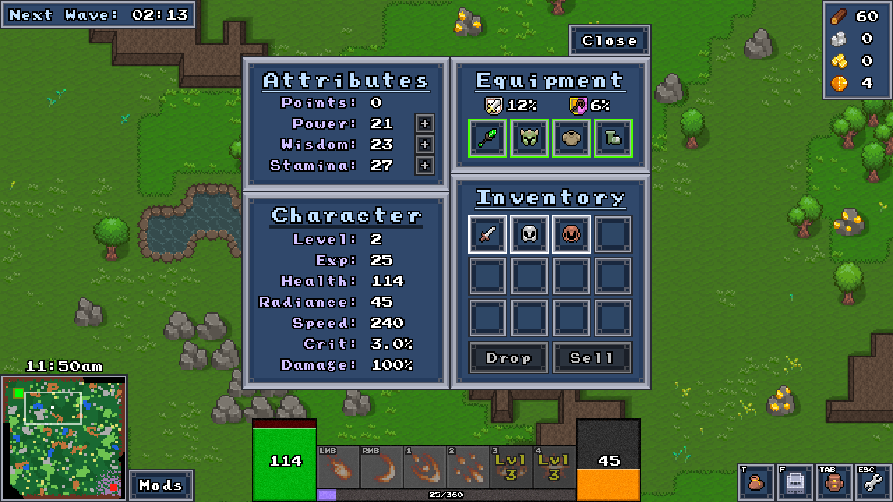 Viewing attributes and inventory during a mission