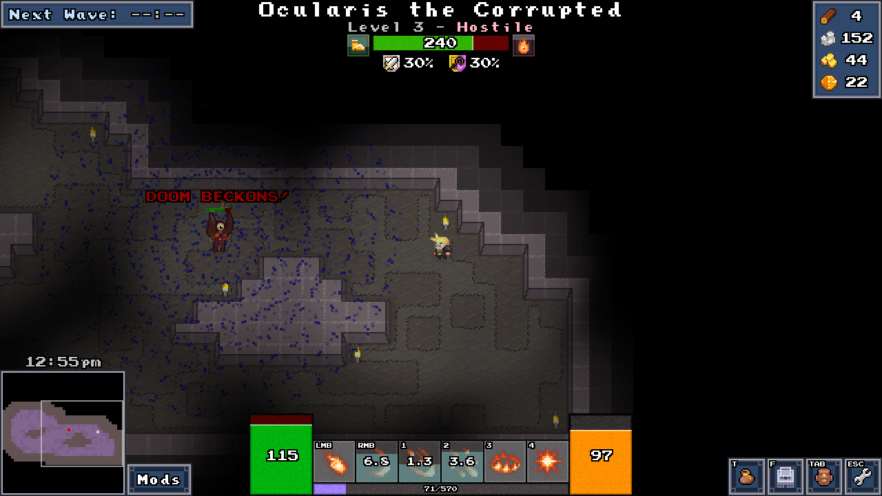 Boss encounter screenshot showing a large enemy with multiple attack patterns.