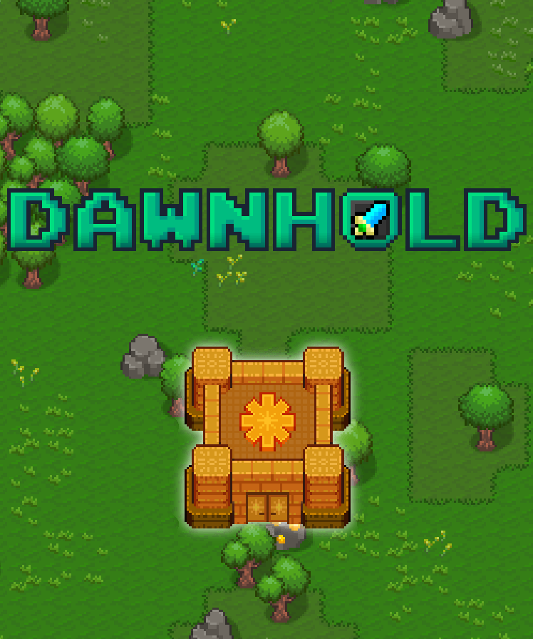 Dawnhold vertical capsule art showing logo and central keep.